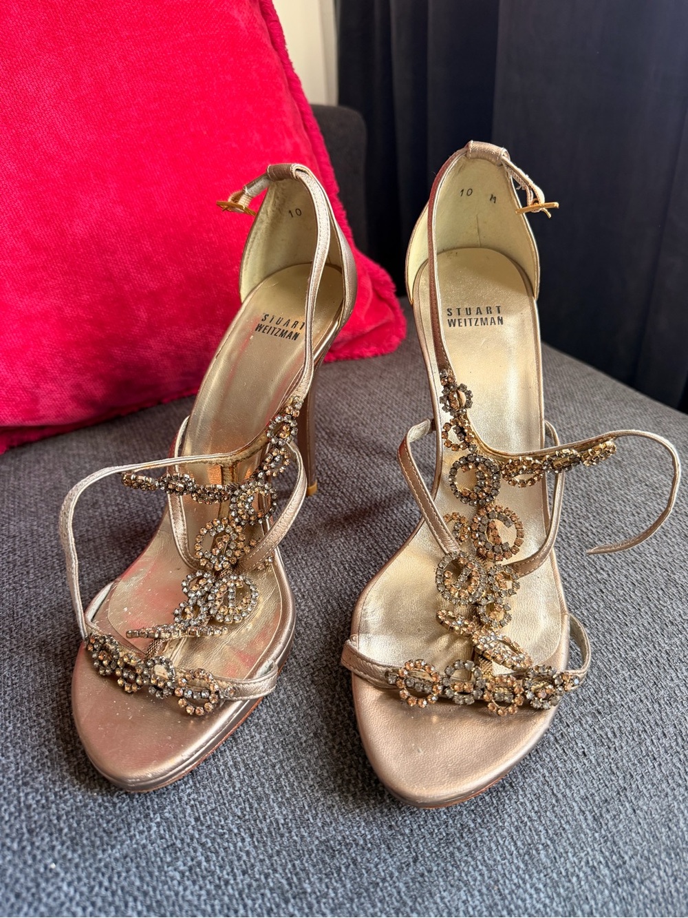 Stuart Weitzman Metallic Gold Jeweled Strappy Heels